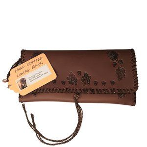 Leather Tooled Clutch Wallet Handmade with String Stitching